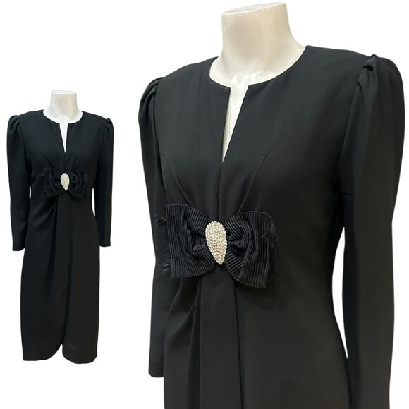 Vintage 1980s Morton Myles Black Cocktail Dress – Rhinestone Bow / Small - - Picture 1 of 4